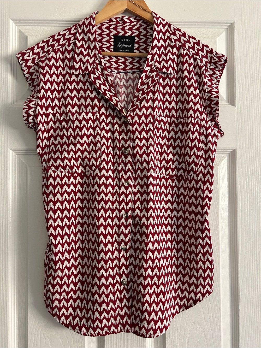 JACHS Girlfriend Red and White Chevron Button-Down Cap Sleeve Top